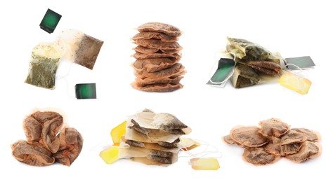 Image of Set with used tea bags on white background