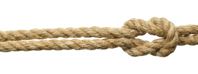 Photo of Hemp rope with square knot on white background