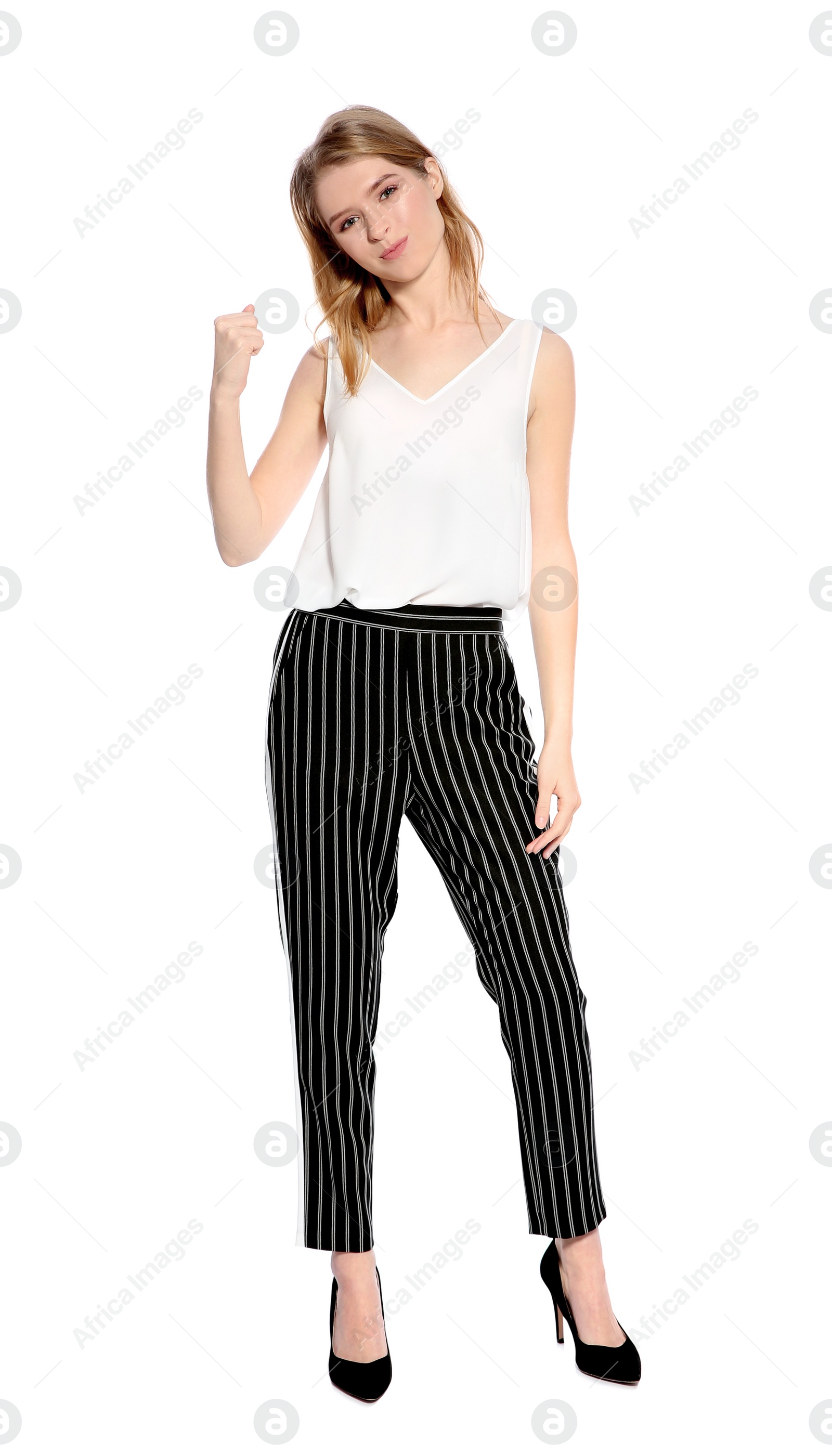 Photo of Portrait of beautiful young woman on white background