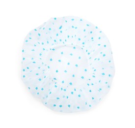 Photo of Waterproof shower cap with pattern isolated on white, top view