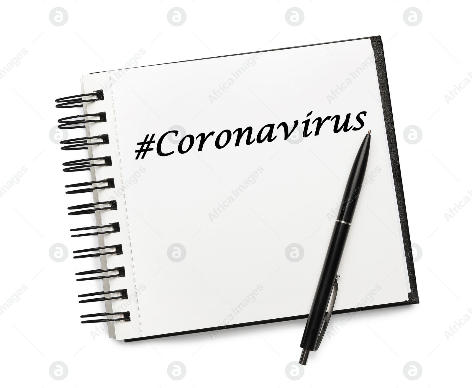 Image of Notebook with hashtag Coronavirus and pen on white background, top view