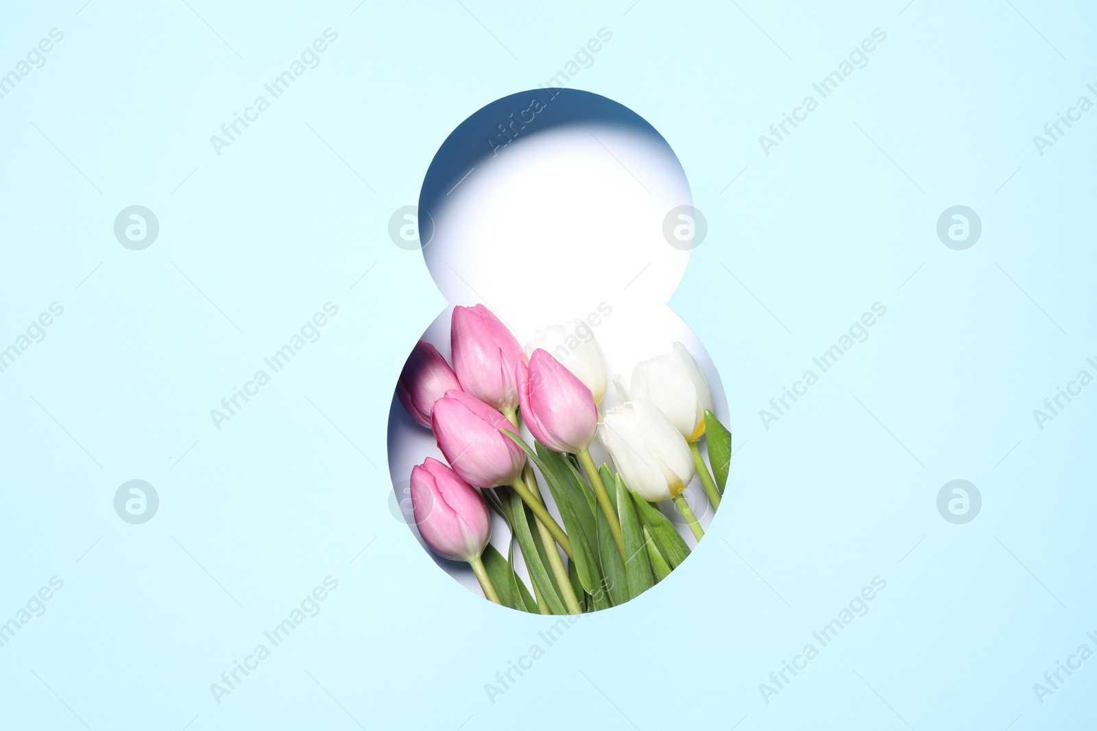 Photo of 8 March greeting card design with tulips, top view. Happy International Women's Day