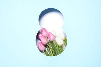8 March greeting card design with tulips, top view. Happy International Women's Day