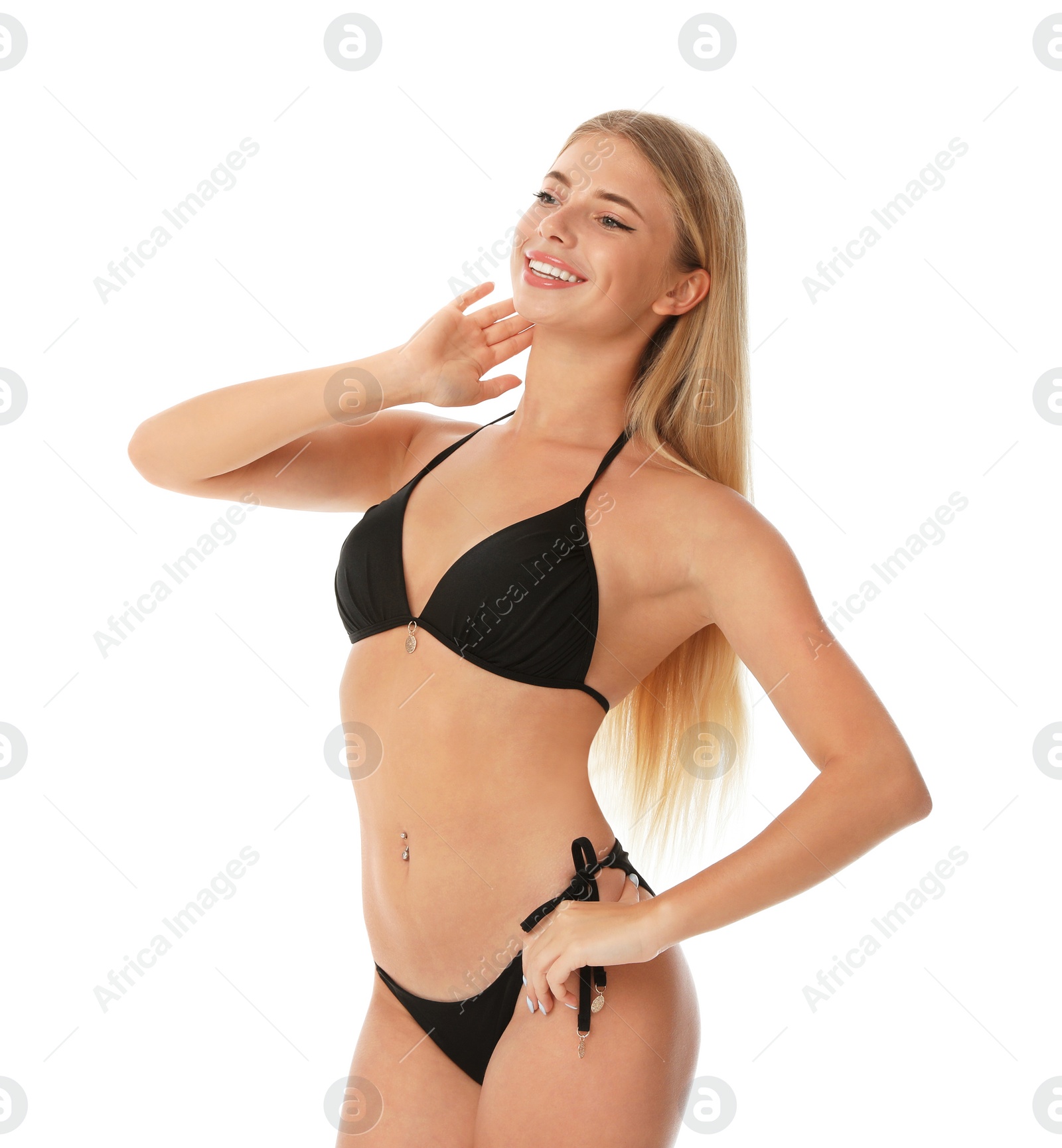 Photo of Pretty young woman wearing stylish bikini on white background