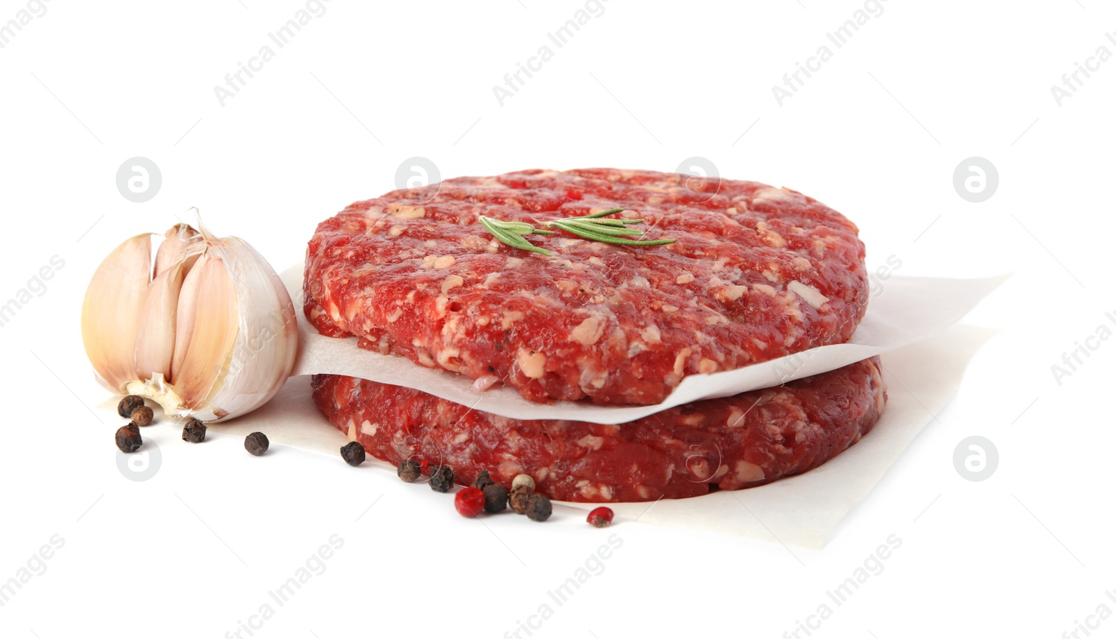 Photo of Raw meat cutlets for burger isolated on white