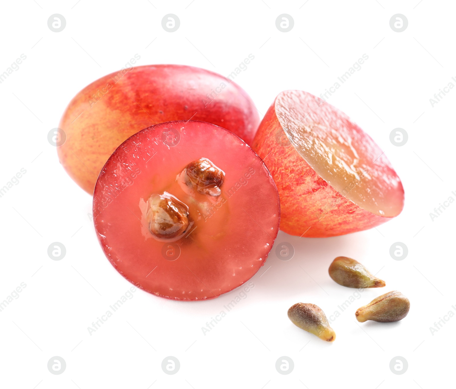 Photo of Cut and whole fresh ripe juicy grapes with seeds on white background