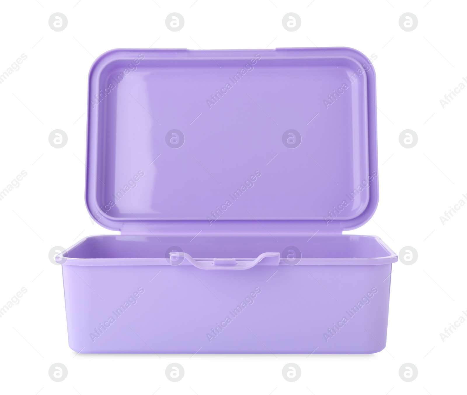 Photo of Violet lunch box isolated on white. School food