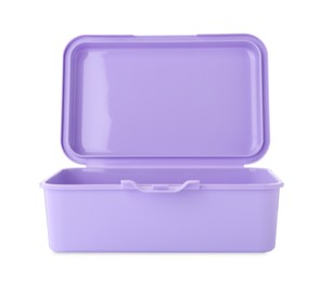 Violet lunch box isolated on white. School food
