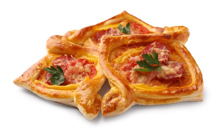Photo of Fresh delicious puff pastry with cheese, tomatoes and parsley on white background, closeup