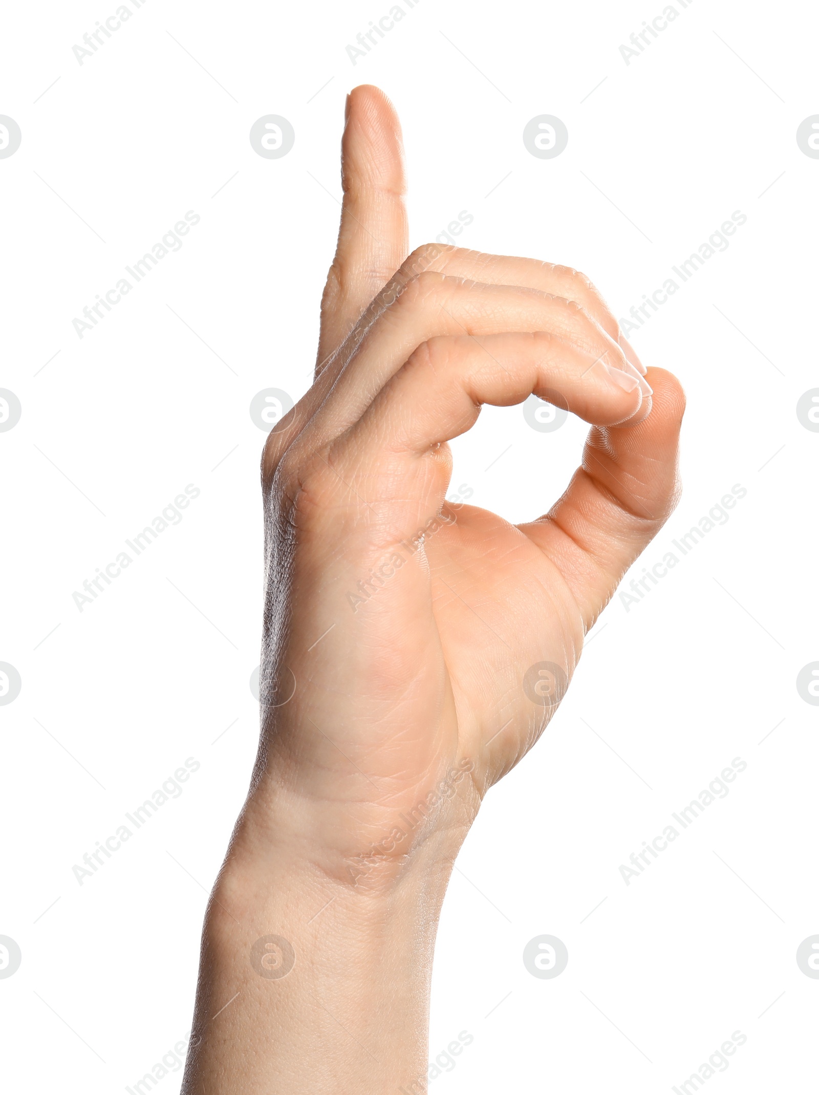 Photo of Man showing D letter on white background, closeup. Sign language