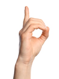 Photo of Man showing D letter on white background, closeup. Sign language