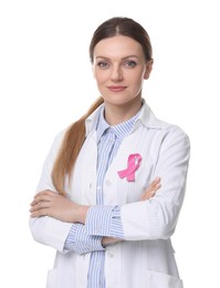 Photo of Mammologist with pink ribbon on white background. Breast cancer awareness