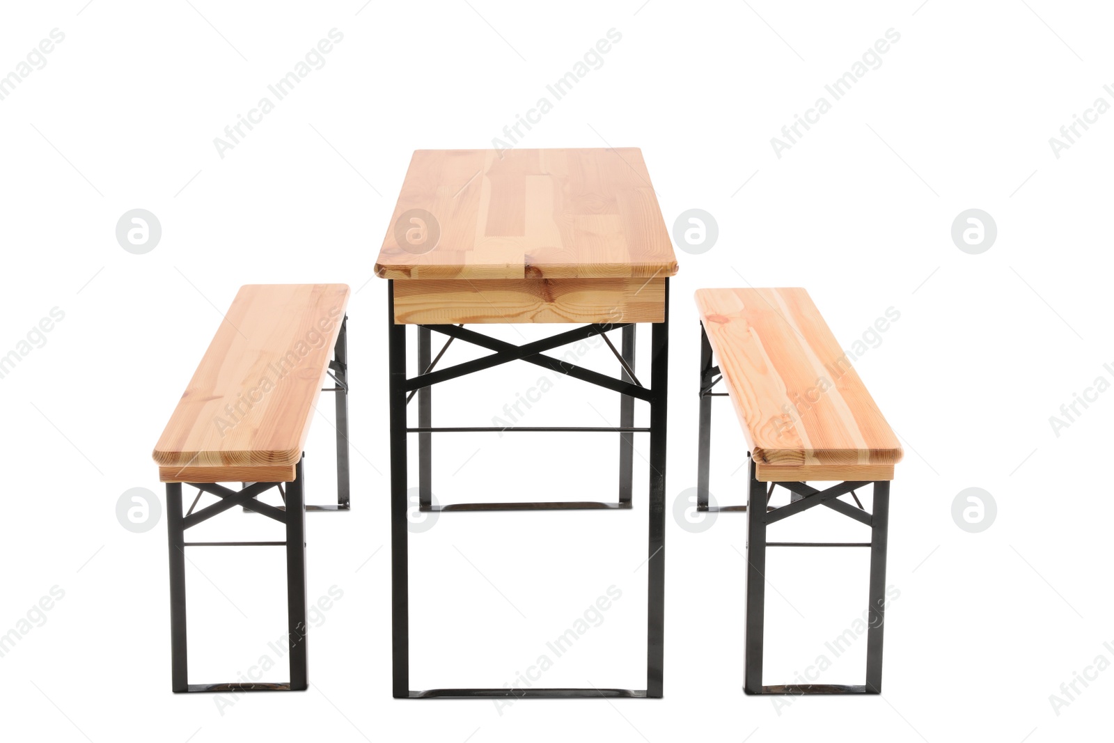 Photo of Wooden picnic table with benches on white background