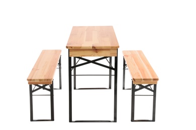 Photo of Wooden picnic table with benches on white background