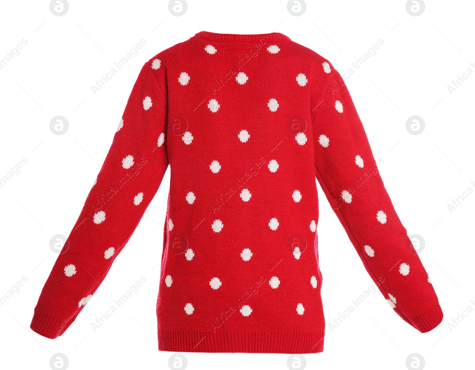 Image of Warm red Christmas sweater on white background, back side
