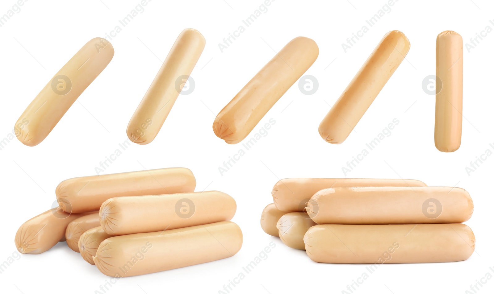 Image of Collage with fresh raw sausages on white background