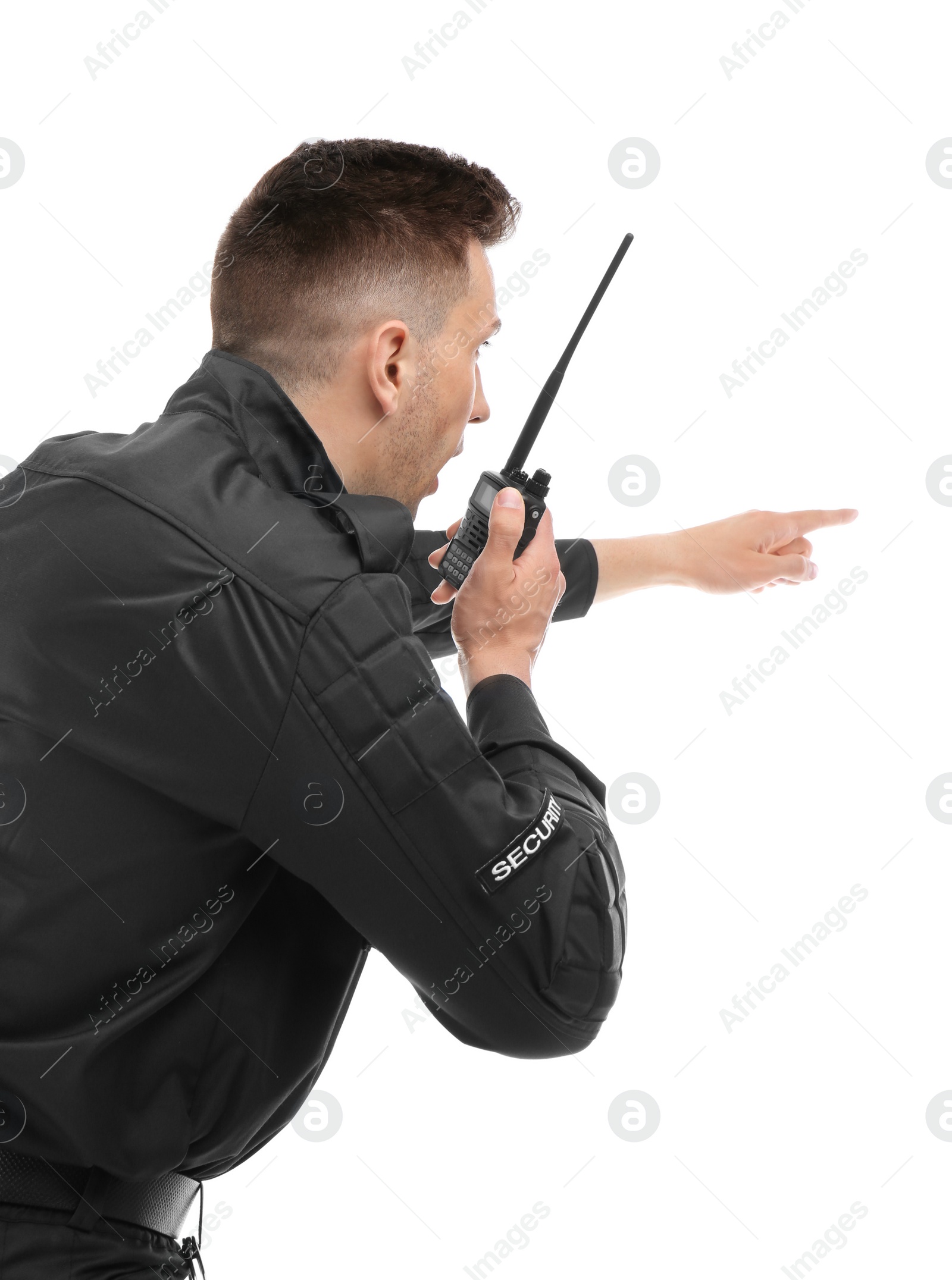 Photo of Male security guard using portable radio transmitter on white background