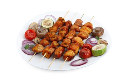 Photo of Delicious shish kebabs, mushrooms and grilled vegetables isolated on white