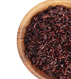 Photo of Bowl with delicious cooked brown rice on white background, top view