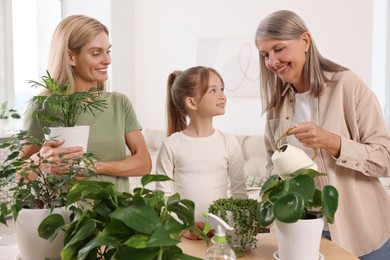 Photo of Three generations. Happy grandmother, her daughter and granddaughter watering houseplants at home