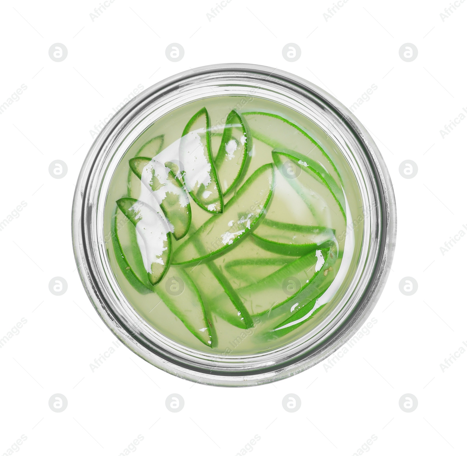 Photo of Fresh aloe juice in jar isolated on white, top view