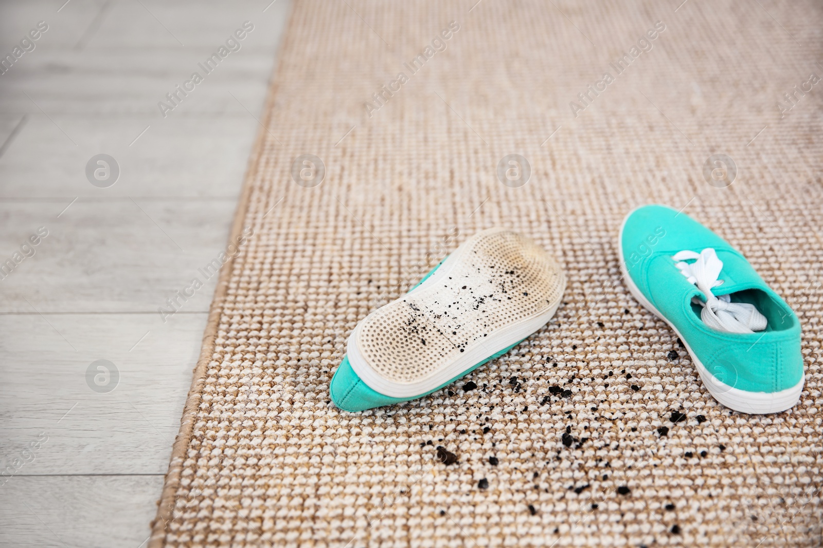 Photo of Pair of shoes with mud on carpet