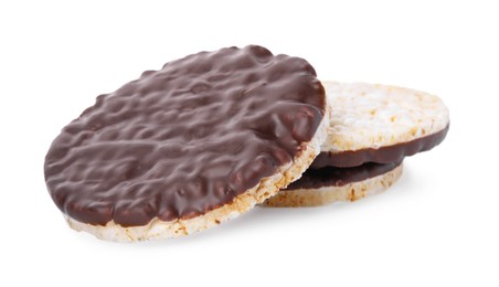 Photo of Puffed rice cakes with chocolate spread isolated on white