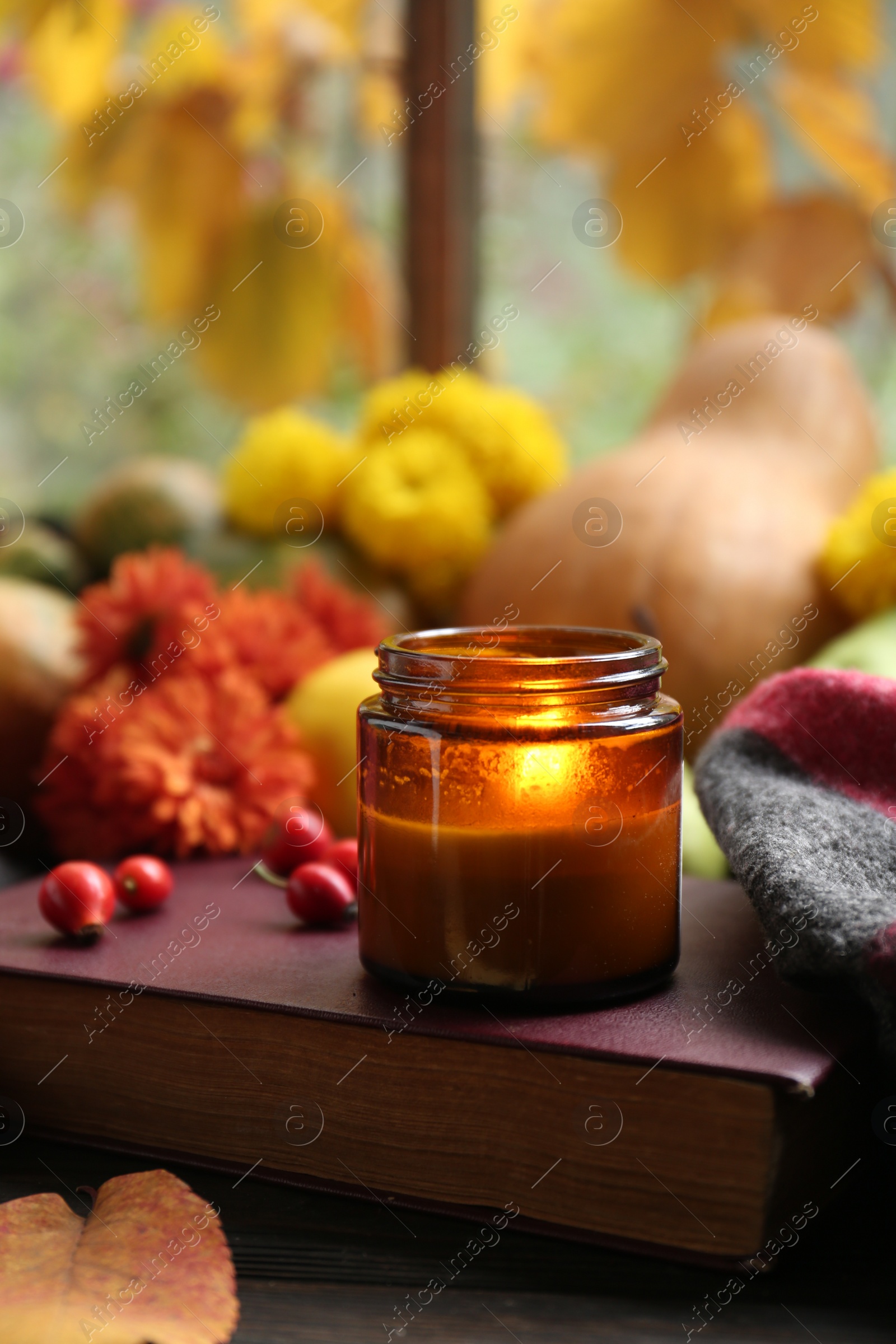 Photo of Burning scented candle on book, space for text. Autumn season