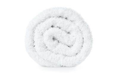 Rolled soft terry towel on white background