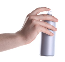 Photo of Man with can of spray paint on white background, closeup