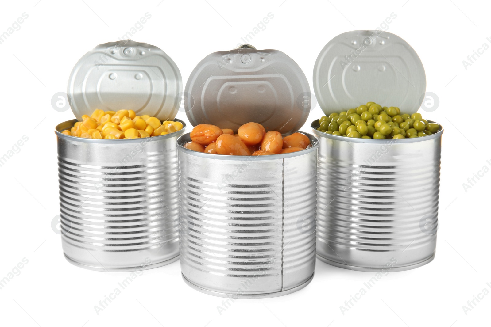 Photo of Open tin cans of peas, beans and corn kernels isolated on white