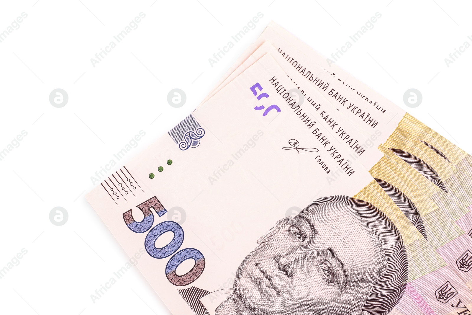 Photo of 500 Ukrainian Hryvnia banknotes on white background, top view
