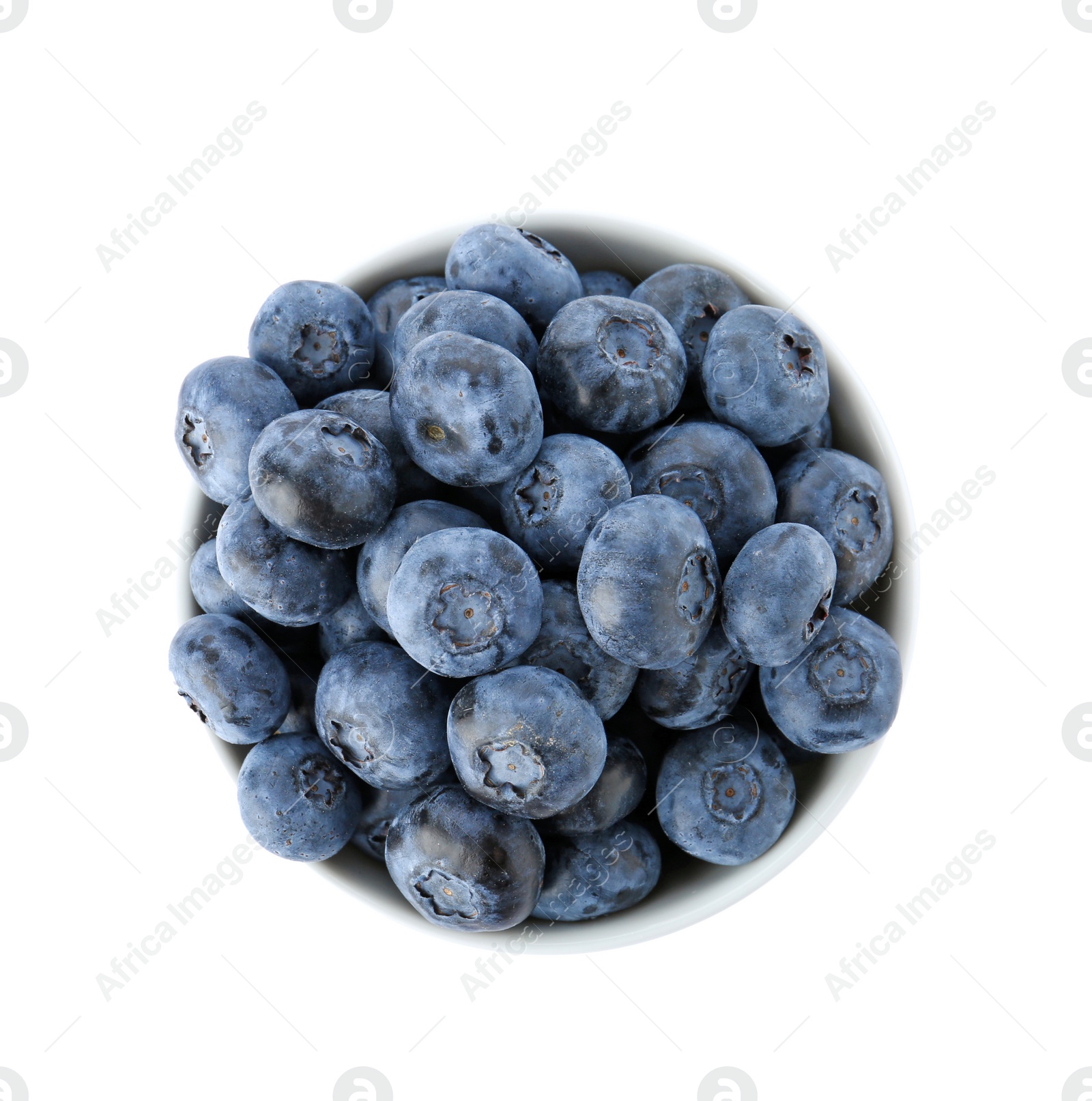 Photo of Bowl full of fresh ripe blueberries on white background, top view