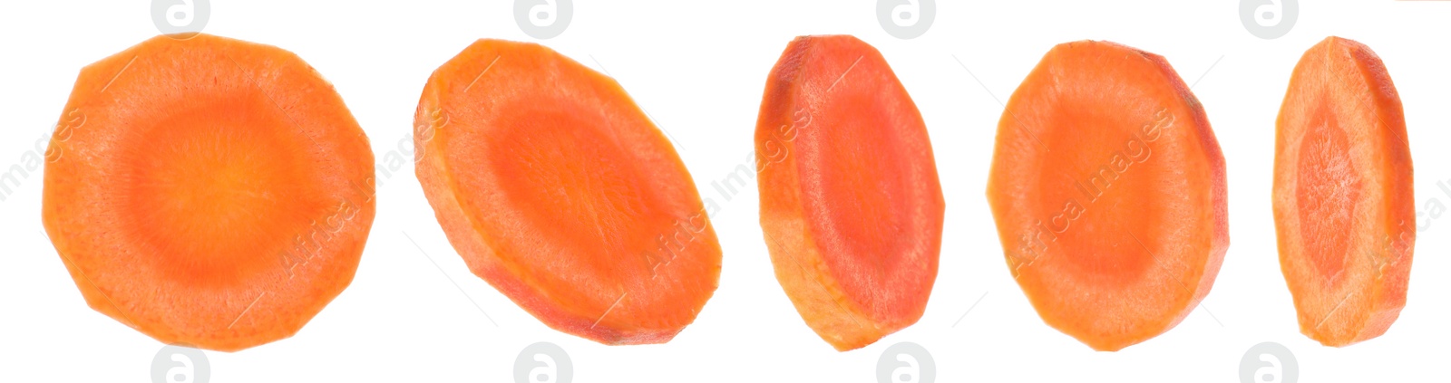 Image of Fresh carrot slices on white background, banner design