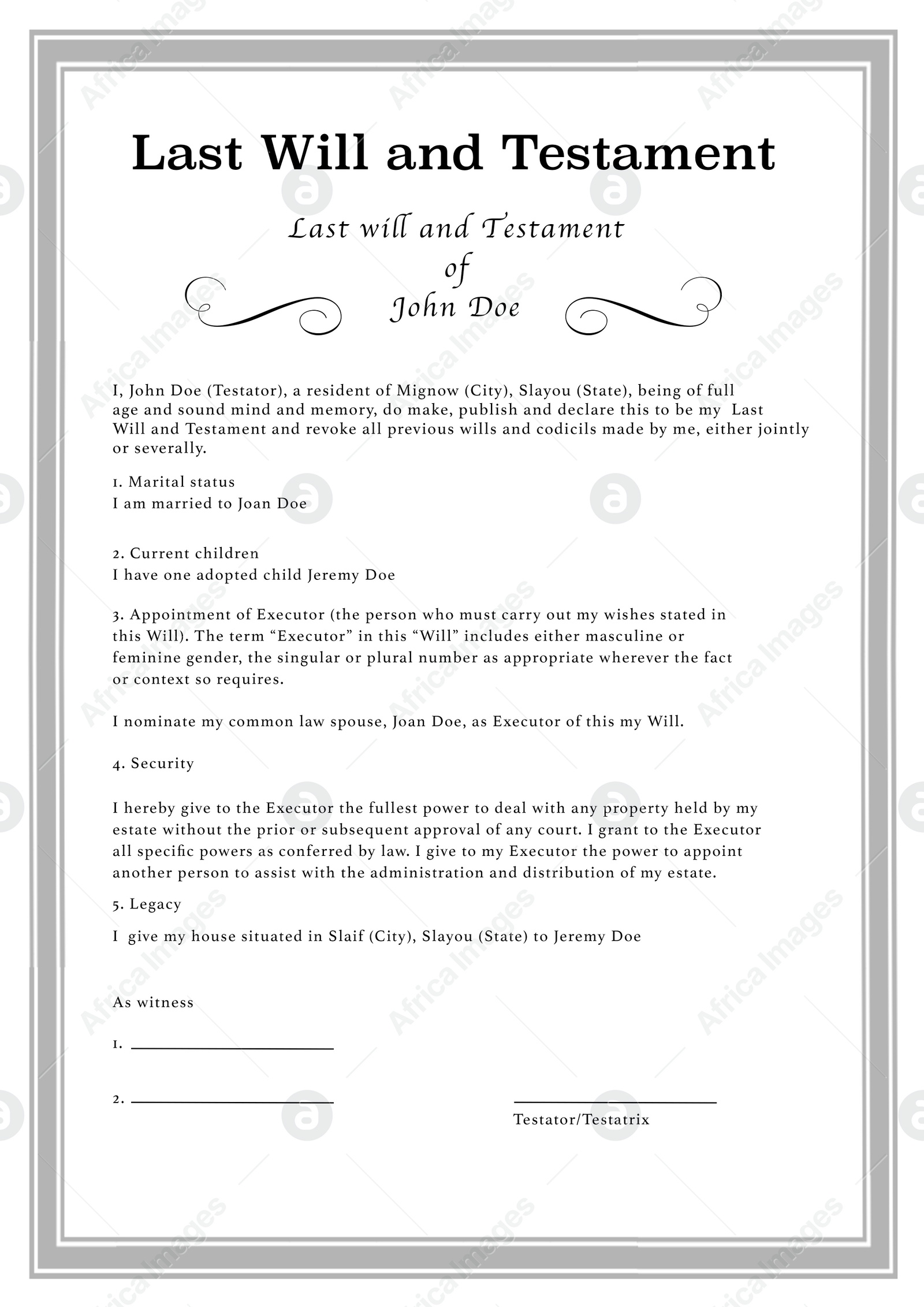 Image of Last Will and Testament of John Doe, illustration