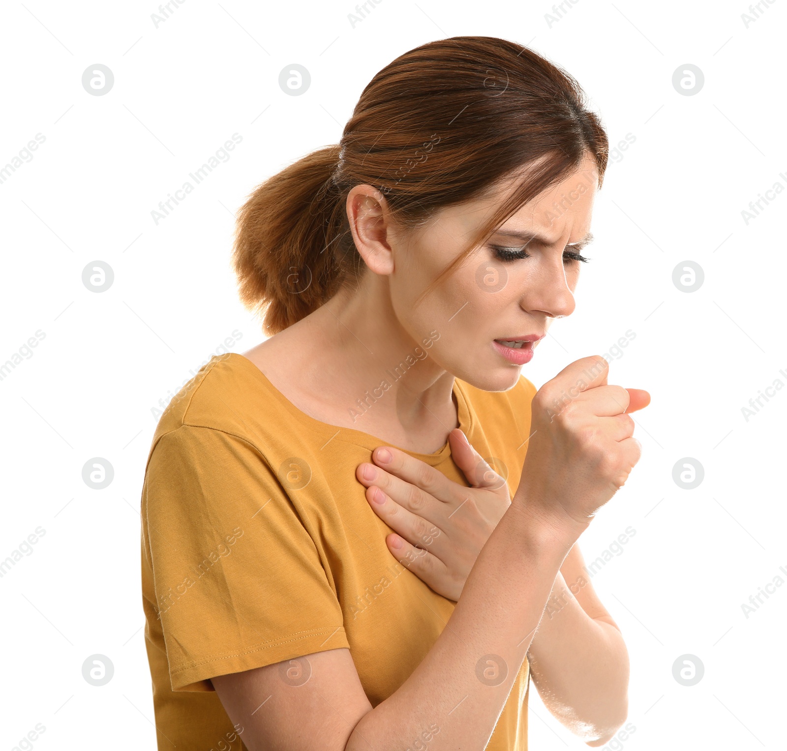 Photo of Woman suffering from cough isolated on white