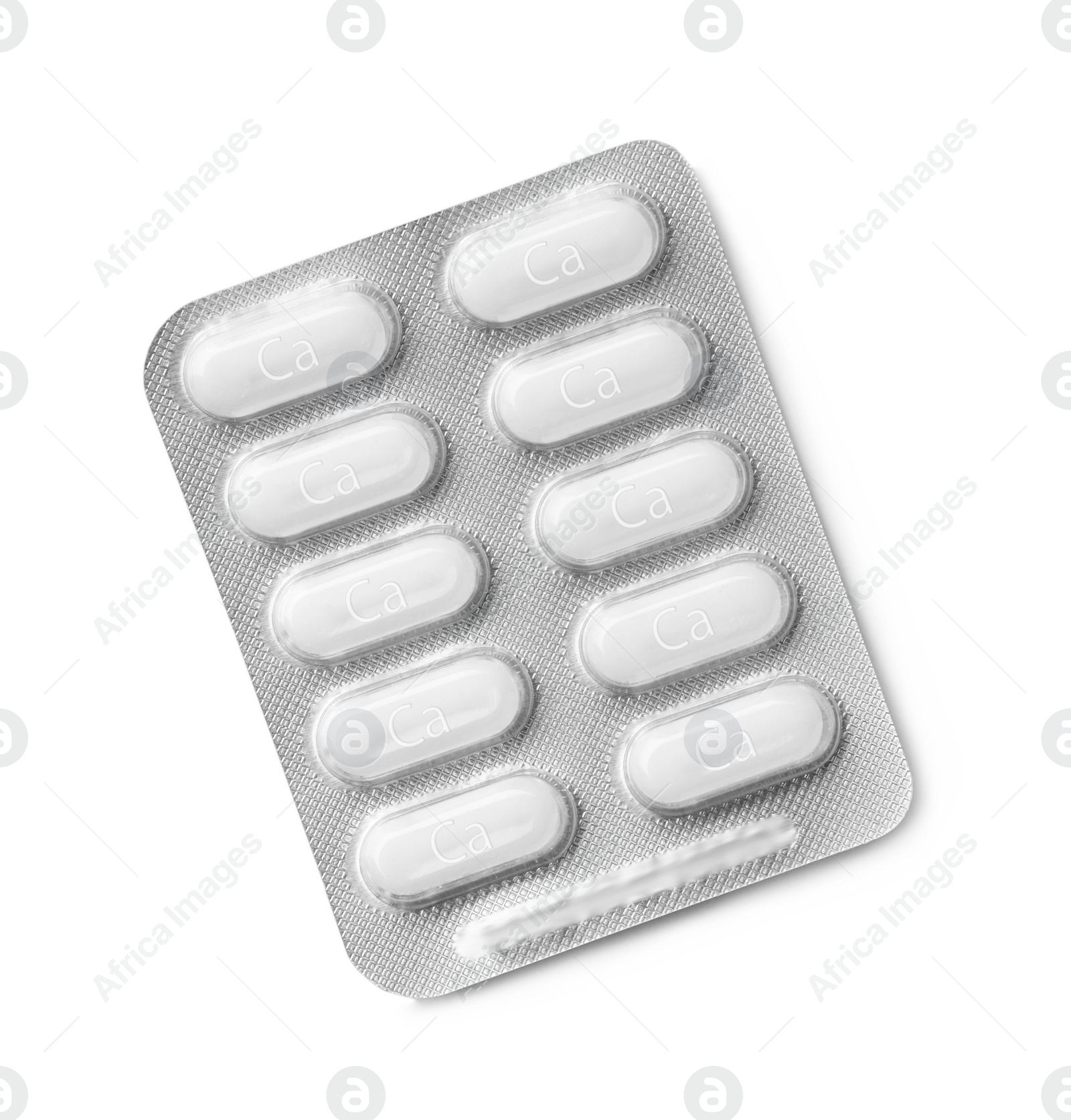 Photo of Calcium supplement pills in blister pack on white background, top view