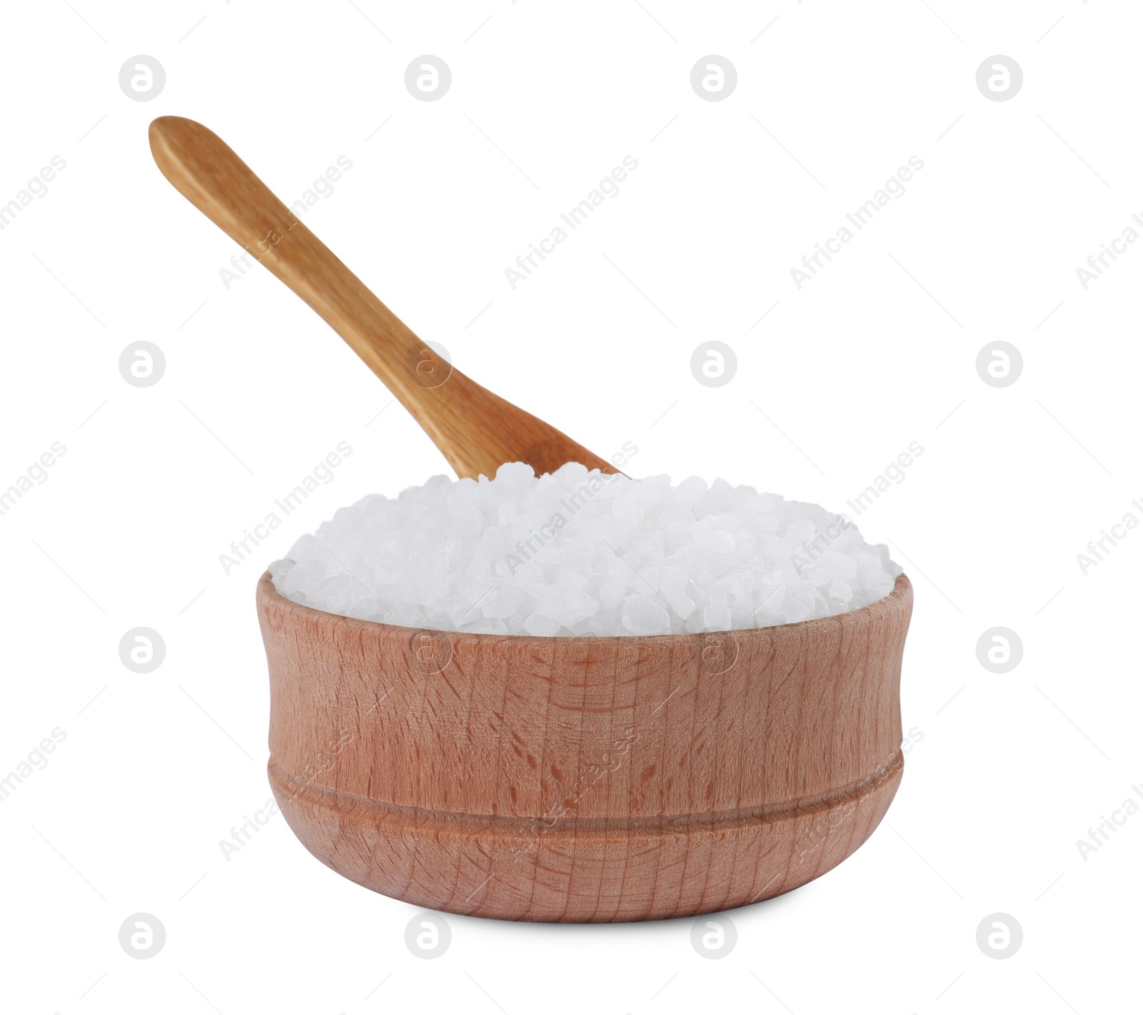 Photo of Wooden bowl and spoon with natural sea salt isolated on white