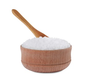 Photo of Wooden bowl and spoon with natural sea salt isolated on white
