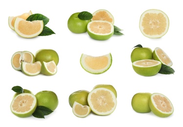 Set with fresh ripe sweetie fruits on white background