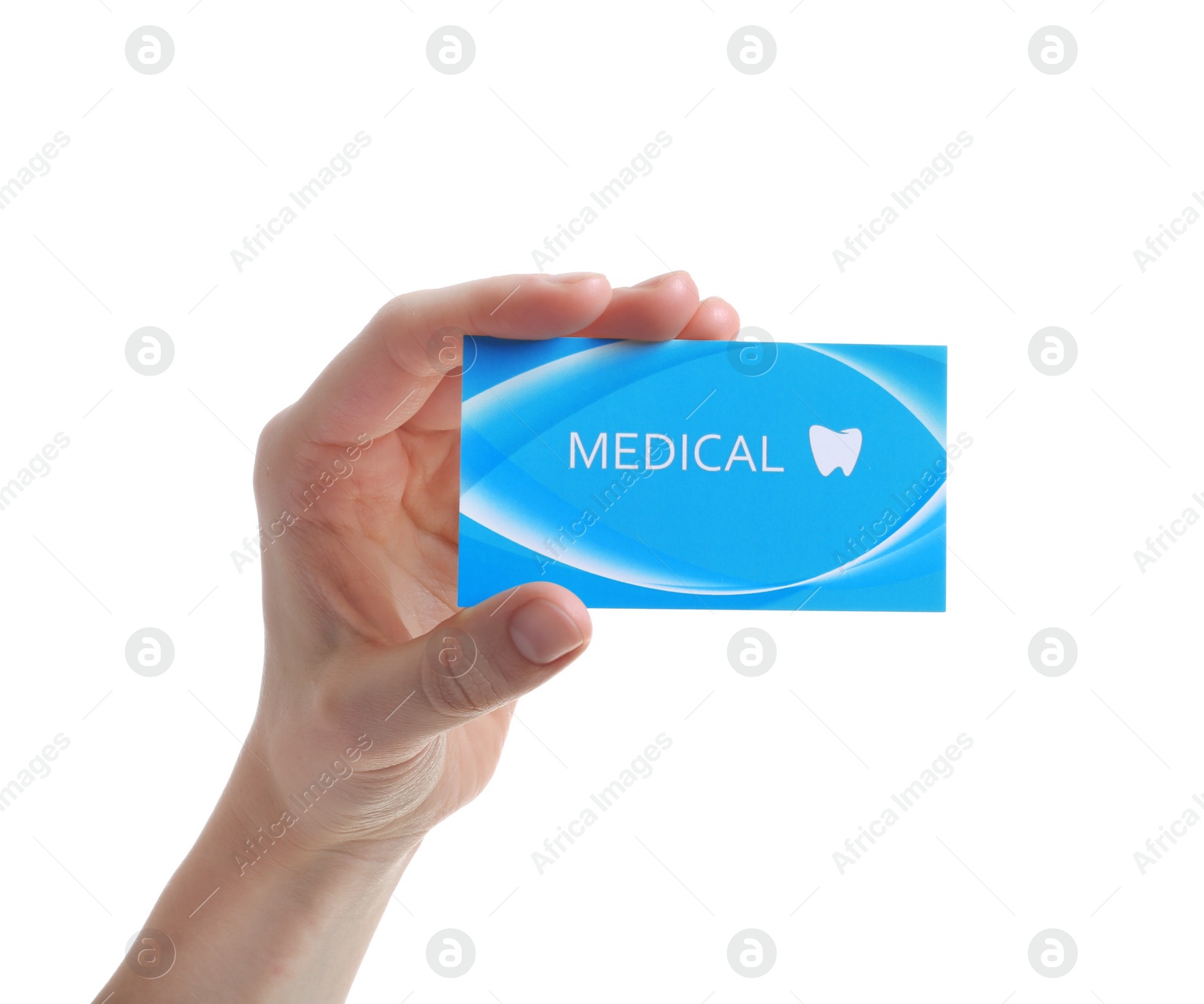 Photo of Woman holding business card isolated on white, closeup. Dental medical service