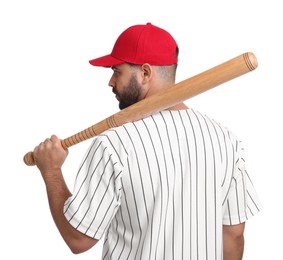 Man in stylish red baseball cap holding bat on white background, back view