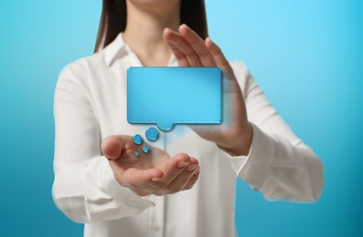Image of Communication and dialogue concept. Woman with illustration of speech bubble on light blue background, closeup