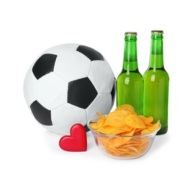 Photo of Soccer ball, beer, chips and heart on white background