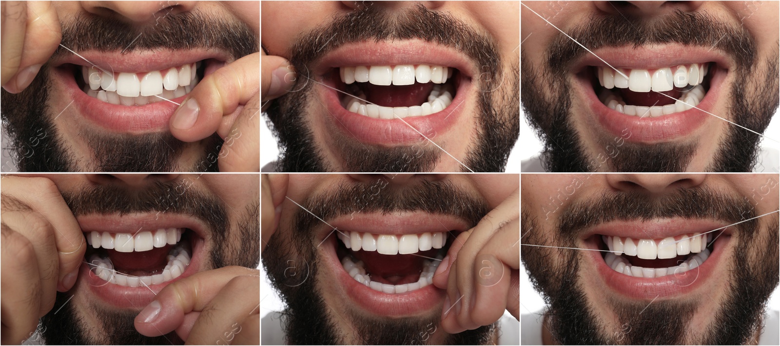 Image of Collage with photos of man using dental floss, closeup. Step by step instructions