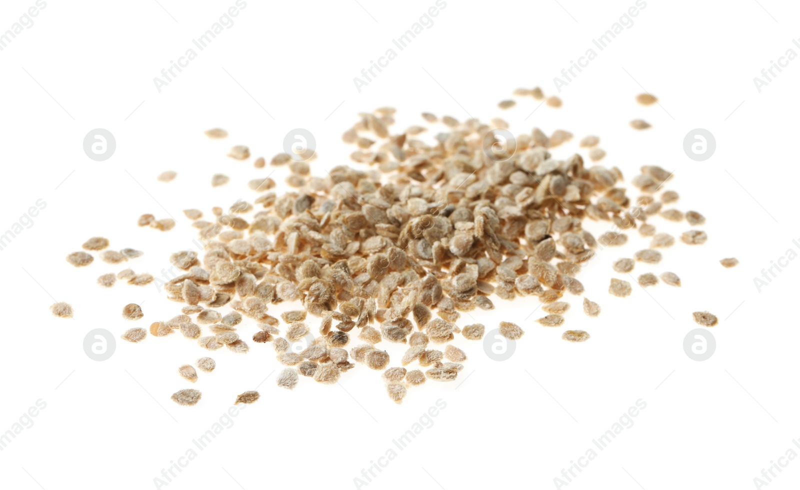 Photo of Pile of raw tomato seeds on white background. Vegetable planting