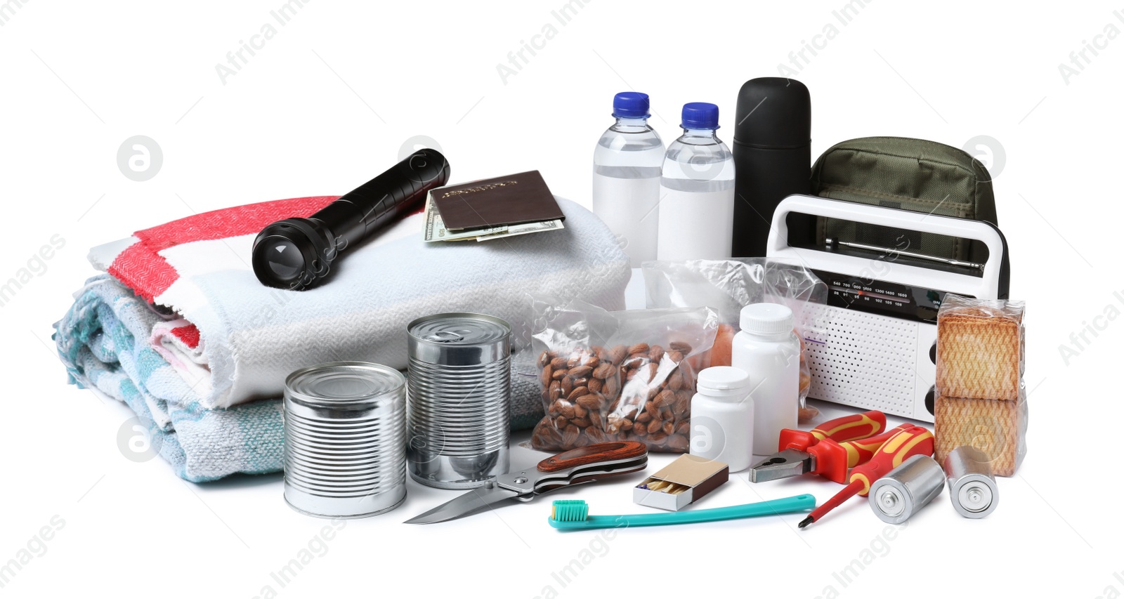 Photo of Disaster supply kit for earthquake on white background