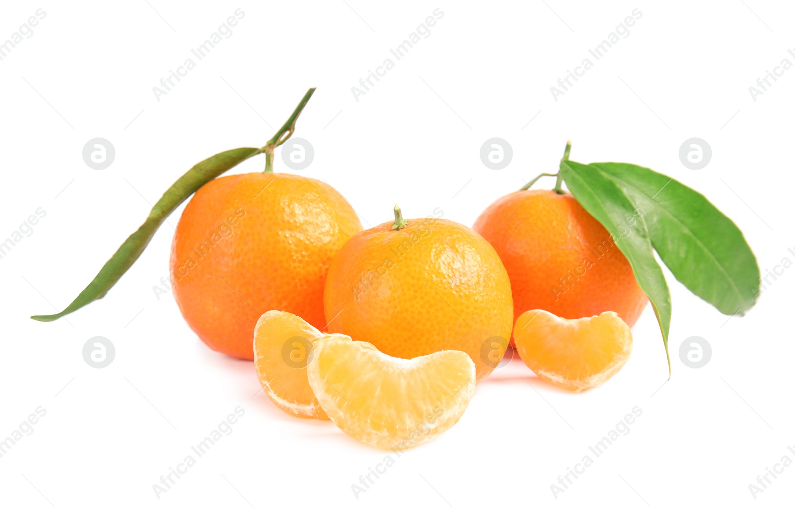 Photo of Tasty ripe tangerines with leaves on white background