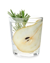 Photo of Glass of refreshing pear cocktail with rosemary on white background