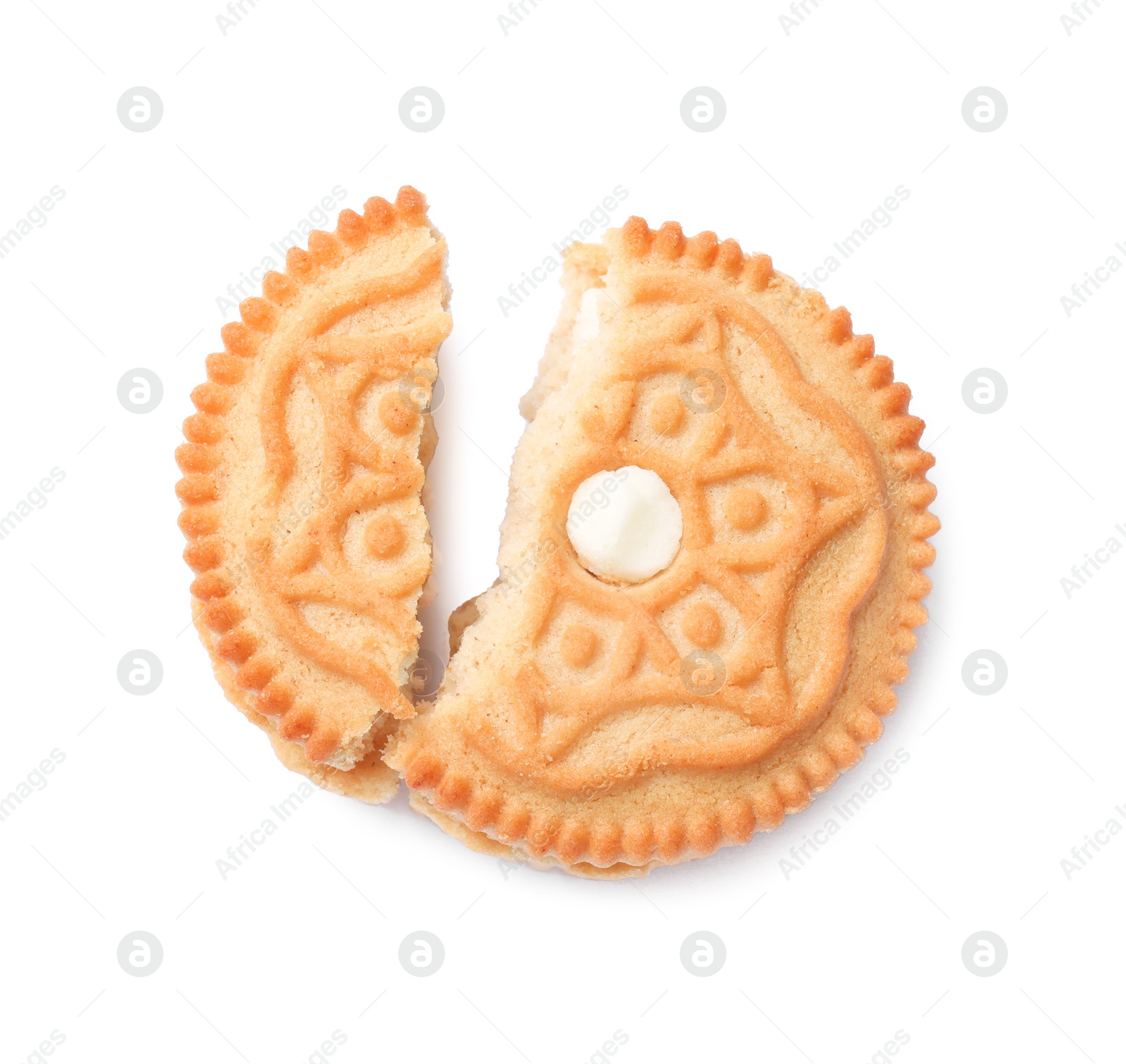 Photo of Pieces of tasty sandwich cookie isolated on white, top view